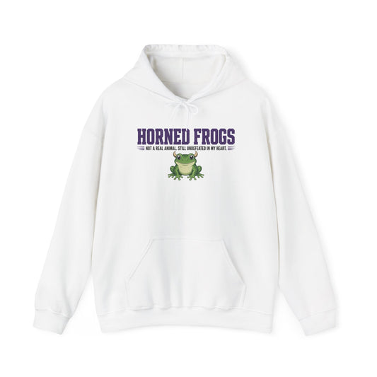 White pullover hoodie with horned frogs graphic, front pocket, and hood drawstrings