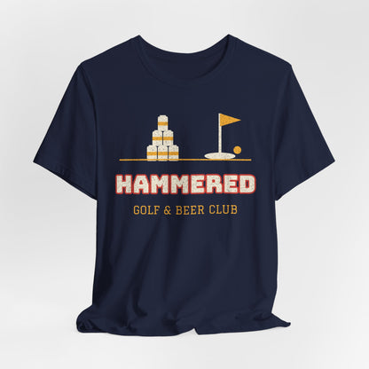 Navy crew-neck T-shirt with “Hammered” golf & beer club front graphic