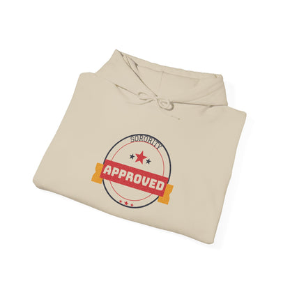 Beige pullover hoodie with drawstring hood and “Sorority Approved” chest graphic
