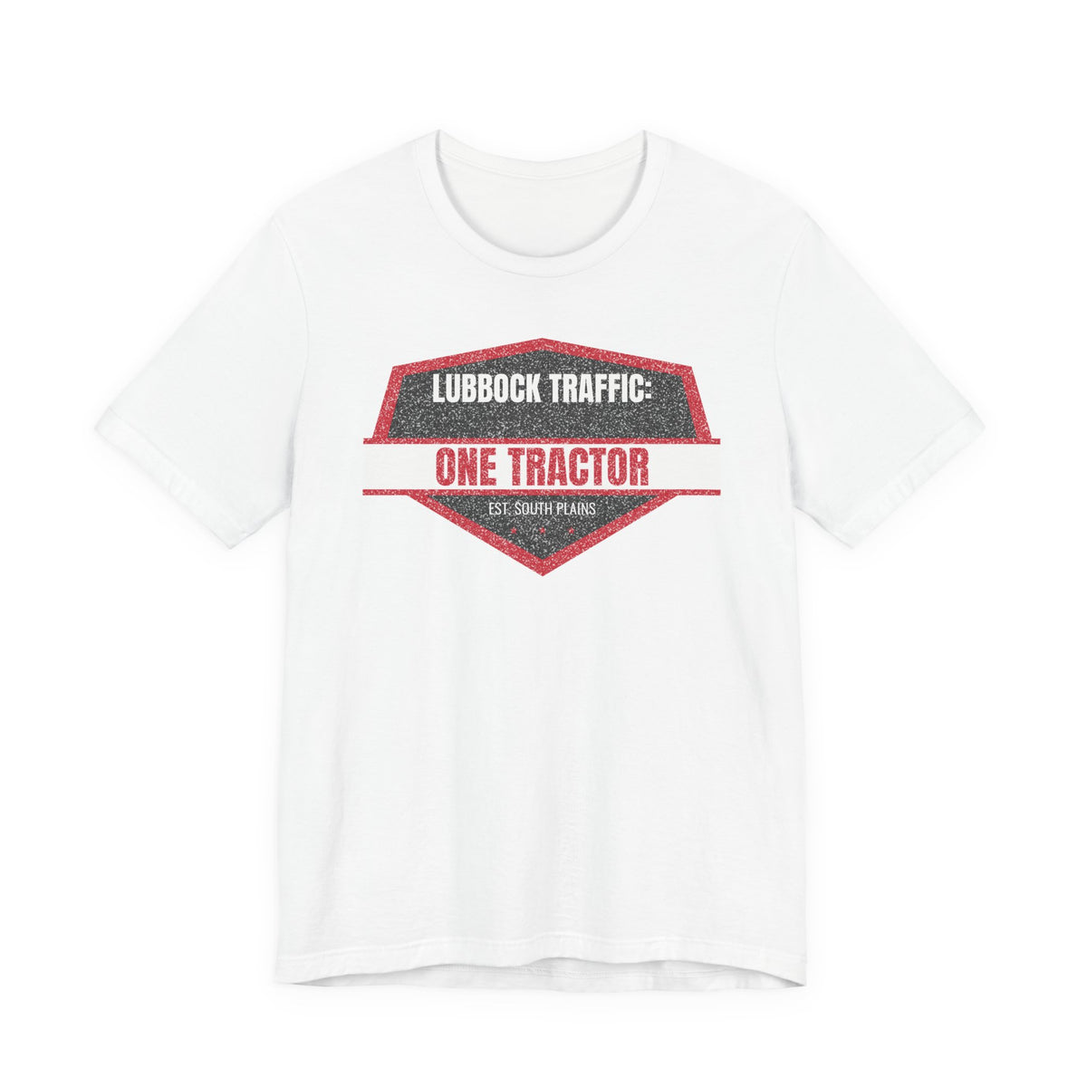 White crew-neck tee with red tractor graphic