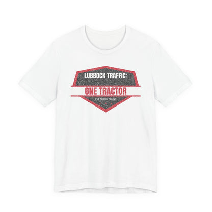 White crew-neck tee with red tractor graphic