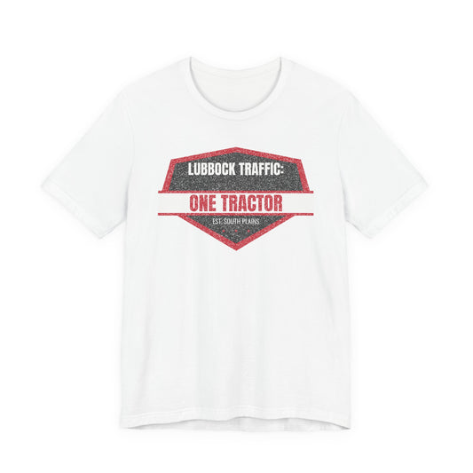 White crew-neck tee with red tractor graphic