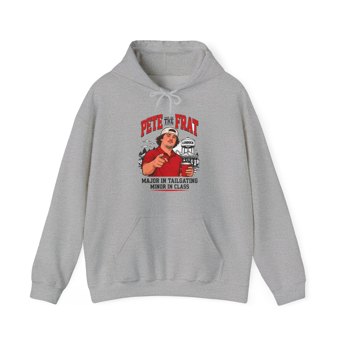 Light gray hoodie with front logo graphic, kangaroo pocket, and adjustable drawstring hood
