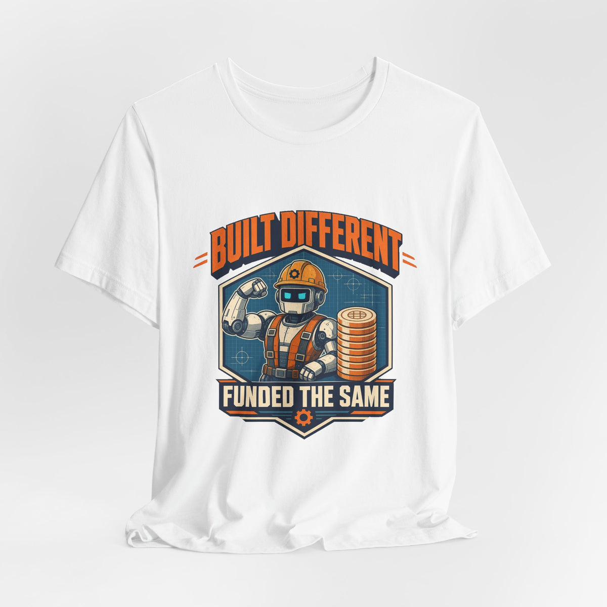 White graphic T-shirt with astronaut and coin stack emblem on the chest