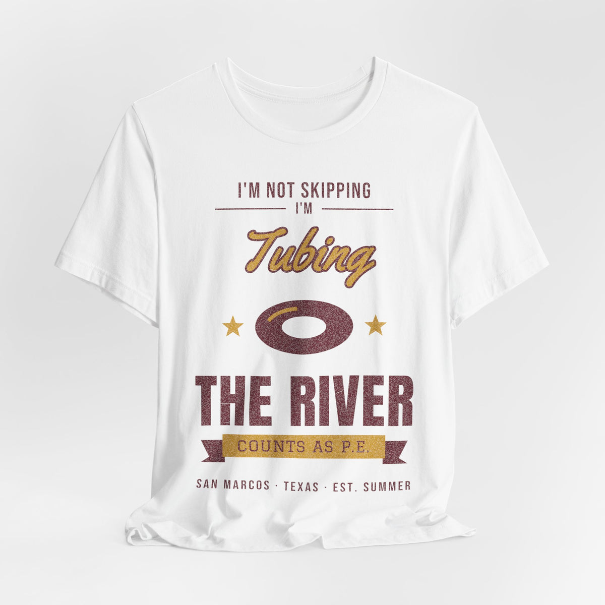 White crewneck T-shirt with centered 'Tubing the River' typography graphic