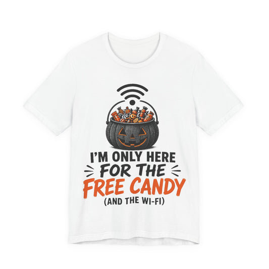 White graphic T-shirt with candy bag, Wi-Fi icon, and 'Free Candy' slogan