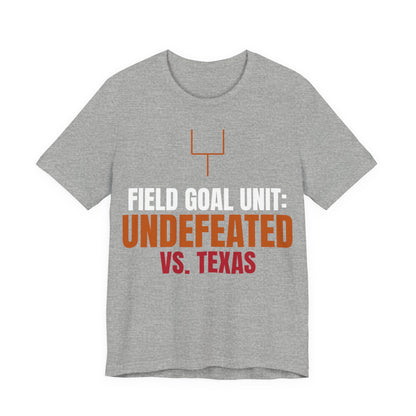 Heather gray T-shirt with orange goal post icon and 'UNDEFEATED VS. TEXAS' print