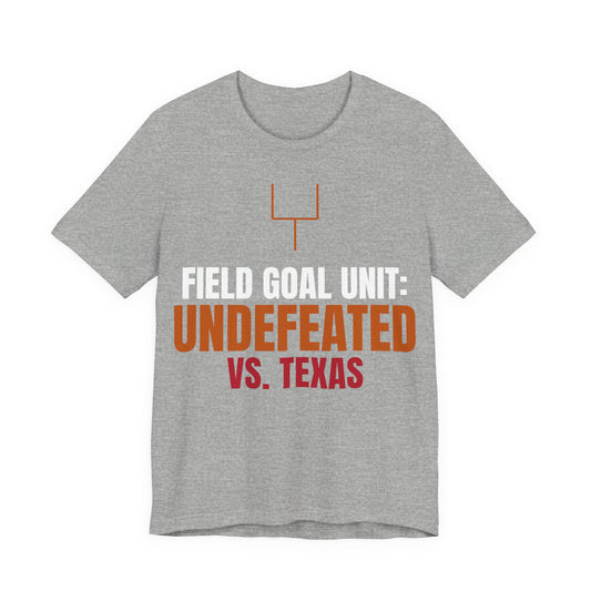 Heather gray T-shirt with orange goal post icon and 'UNDEFEATED VS. TEXAS' print