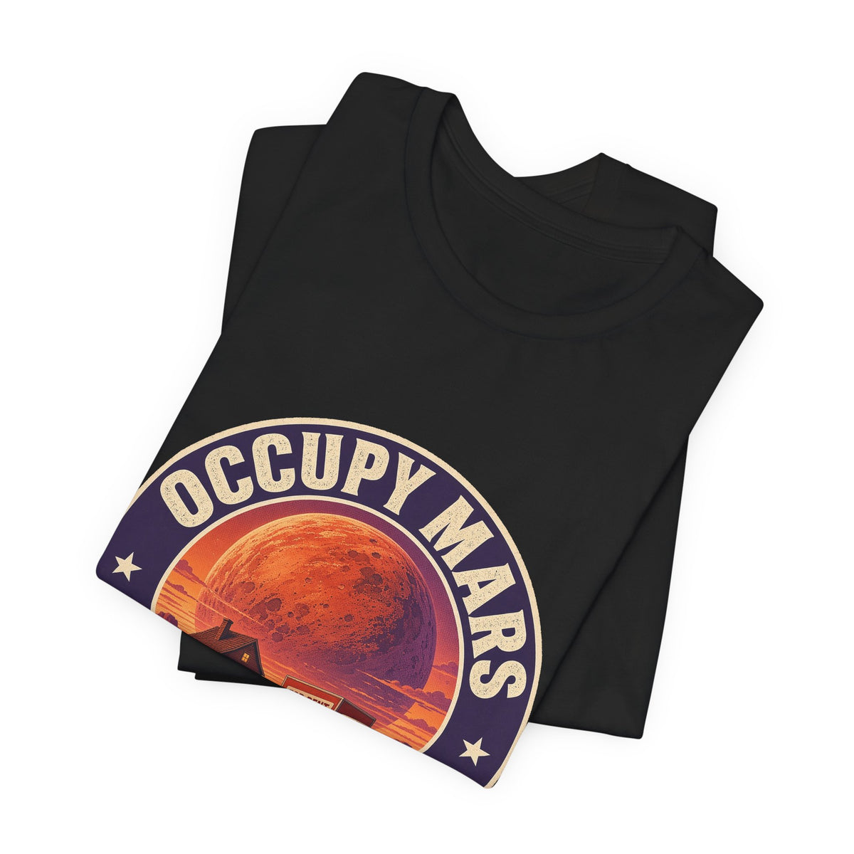 Black crewneck tee shirt with folded view of large round Mars-themed logo print