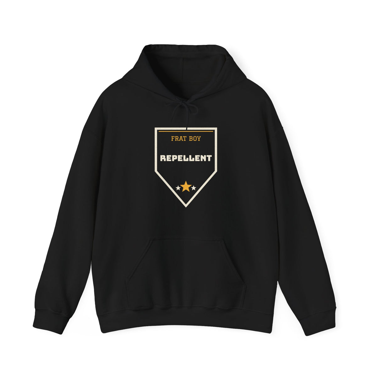 Black pullover hoodie with hood and front graphic badge, kangaroo pocket