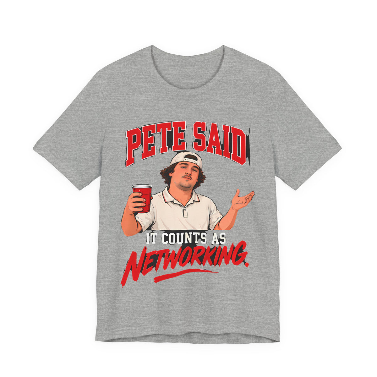 Athletic heather crewneck graphic tee with red “PETE SAID” and “NETWORKING” text