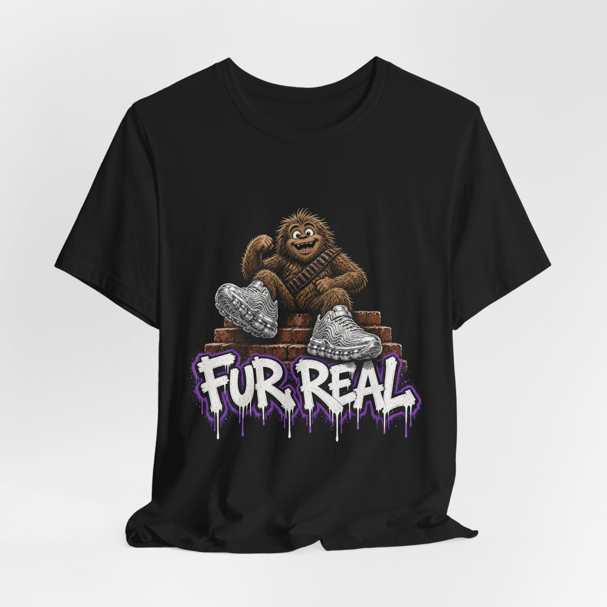 Black crewneck t-shirt with cartoon ape and dripping purple text graphic