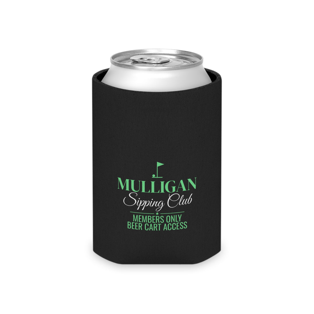Black insulated can cooler with green Members only beer cart access logo.