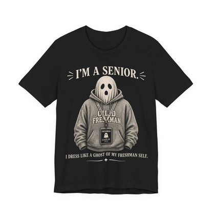 Black crewneck T-shirt with ghost-in-hoodie graphic and 'I'm a Senior' text