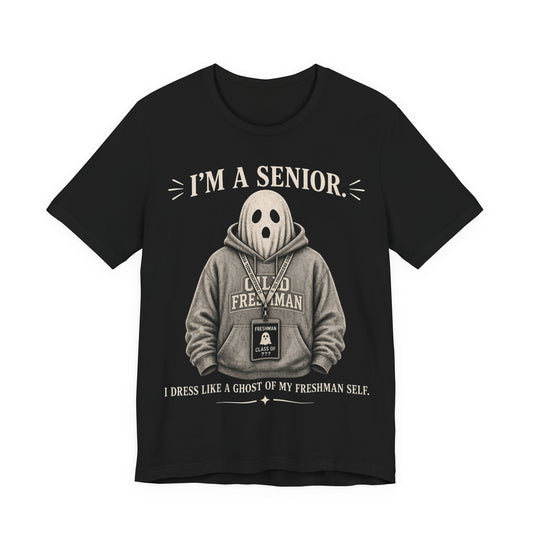 Black crewneck T-shirt with ghost-in-hoodie graphic and 'I'm a Senior' text