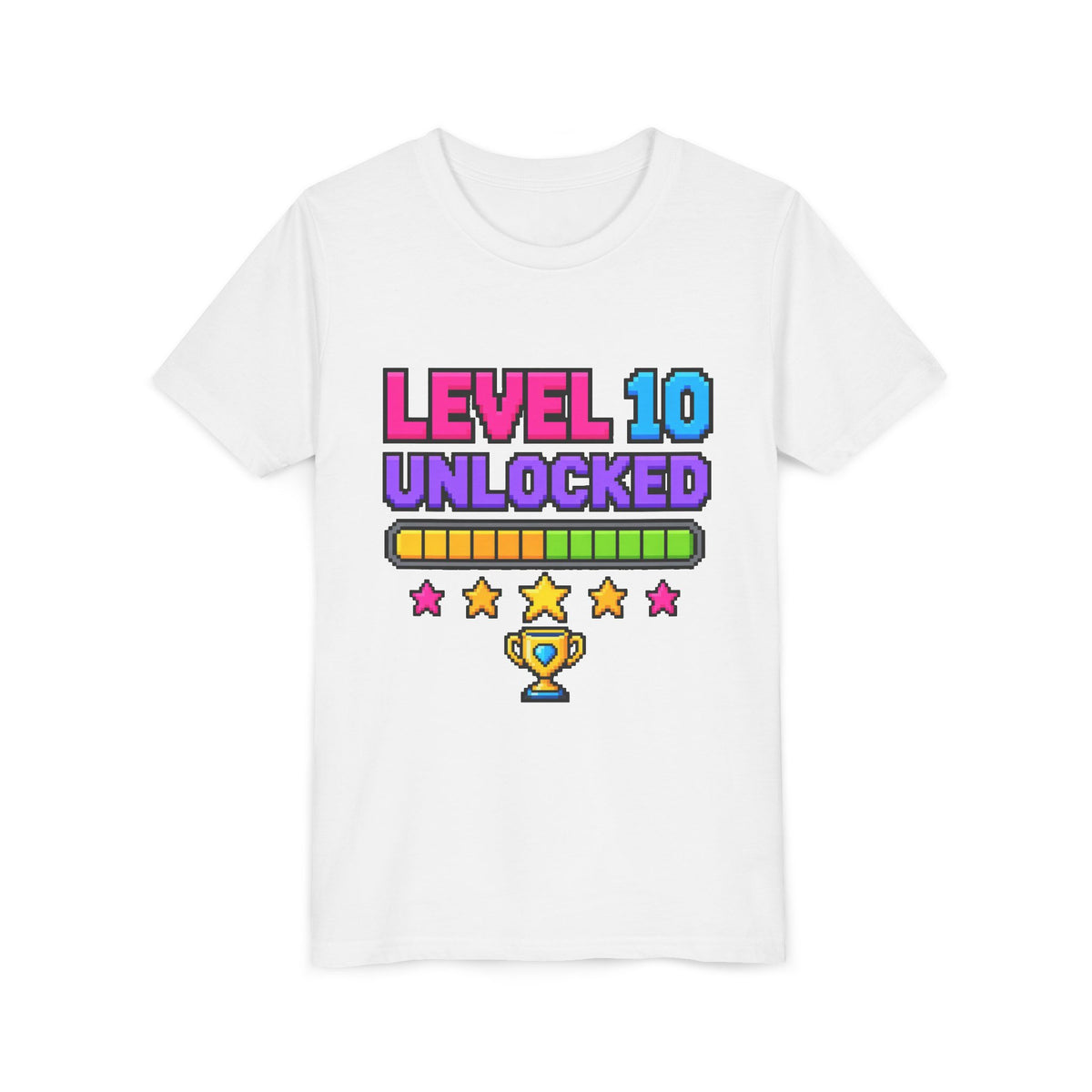 White kids crewneck tee with “LEVEL 10 UNLOCKED” game graphic and trophy