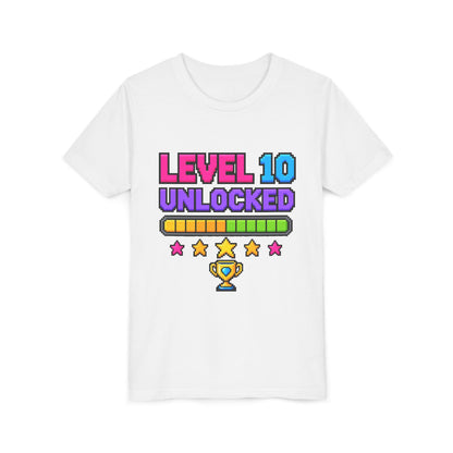 White kids crewneck tee with “LEVEL 10 UNLOCKED” game graphic and trophy
