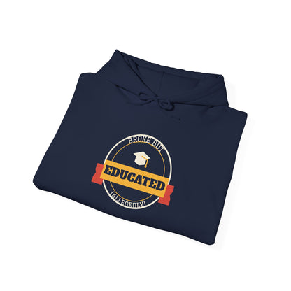 Navy pullover hoodie with front graphic text and drawstring hood