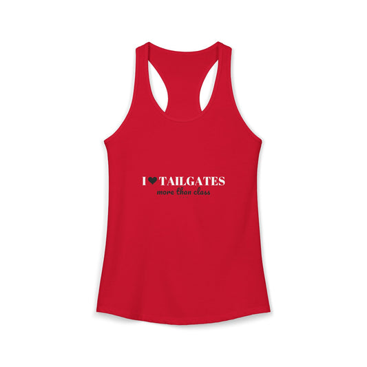 Red racerback tank with "I ♥ Tailgates" heart graphic