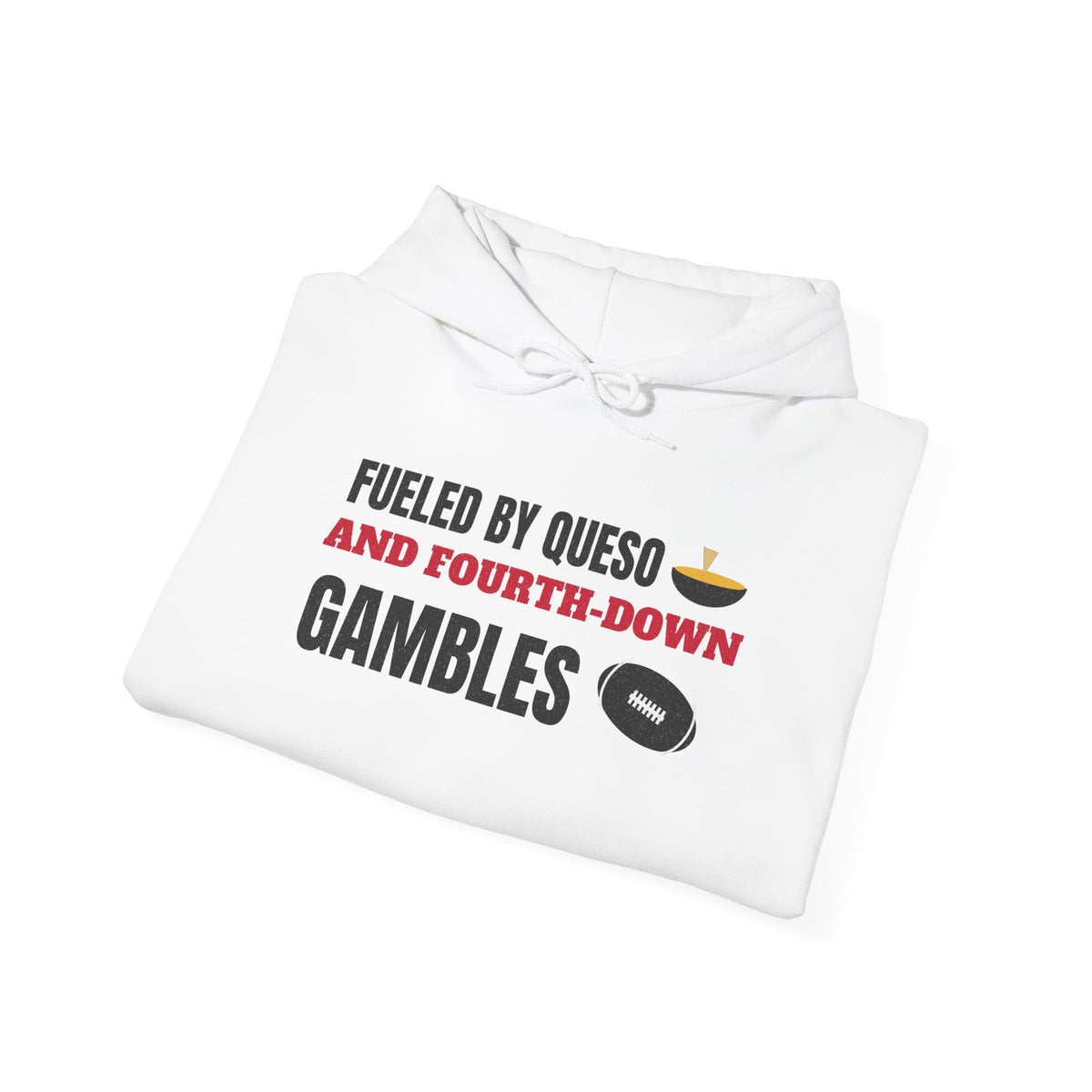 Folded white pullover hoodie with drawstring and football-themed chest print.