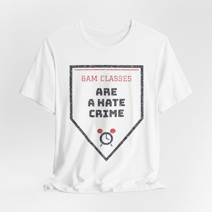 White crew-neck T-shirt with triangular “8AM CLASSES” graphic print