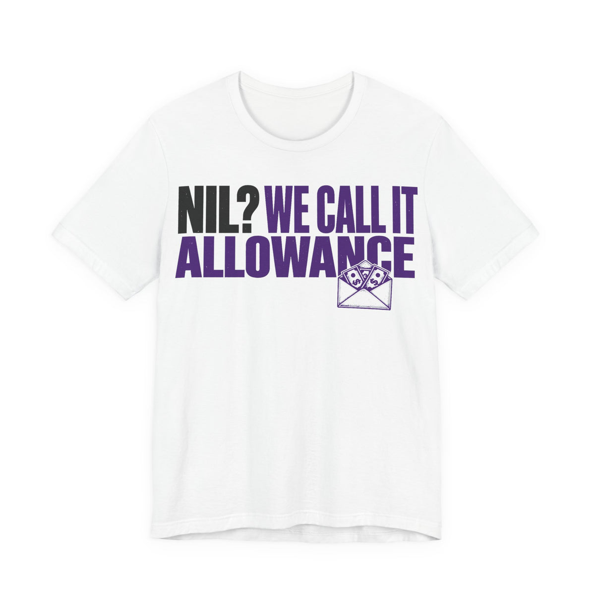 White graphic allowance tee with bold black and purple text and envelope icon