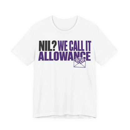 White graphic allowance tee with bold black and purple text and envelope icon