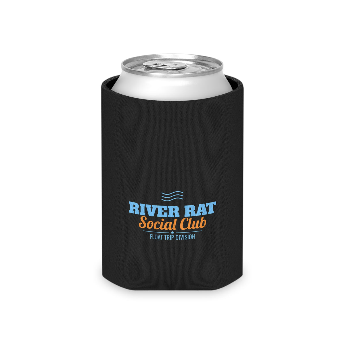 Black koozie with River Rat Social Club multicolor logo; silver can top visible.