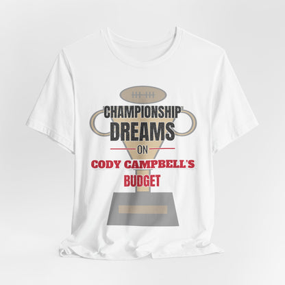 White graphic T-shirt with football-helmet 'Championship Dreams' and 'Budget' text