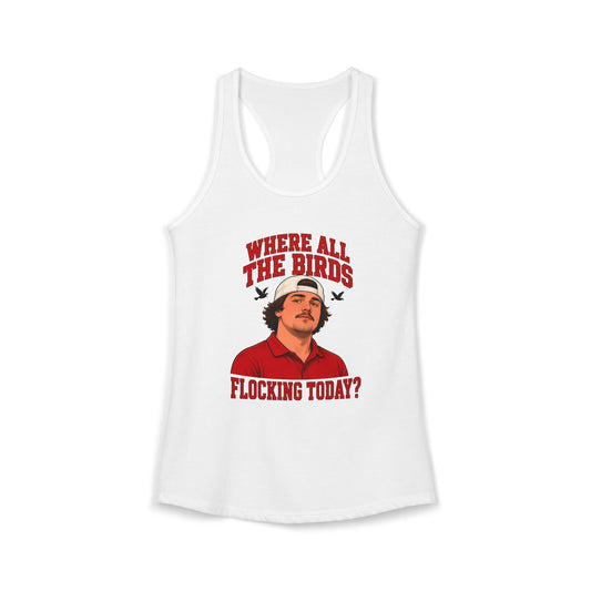 Solid white racerback tank top with bird-themed front graphic
