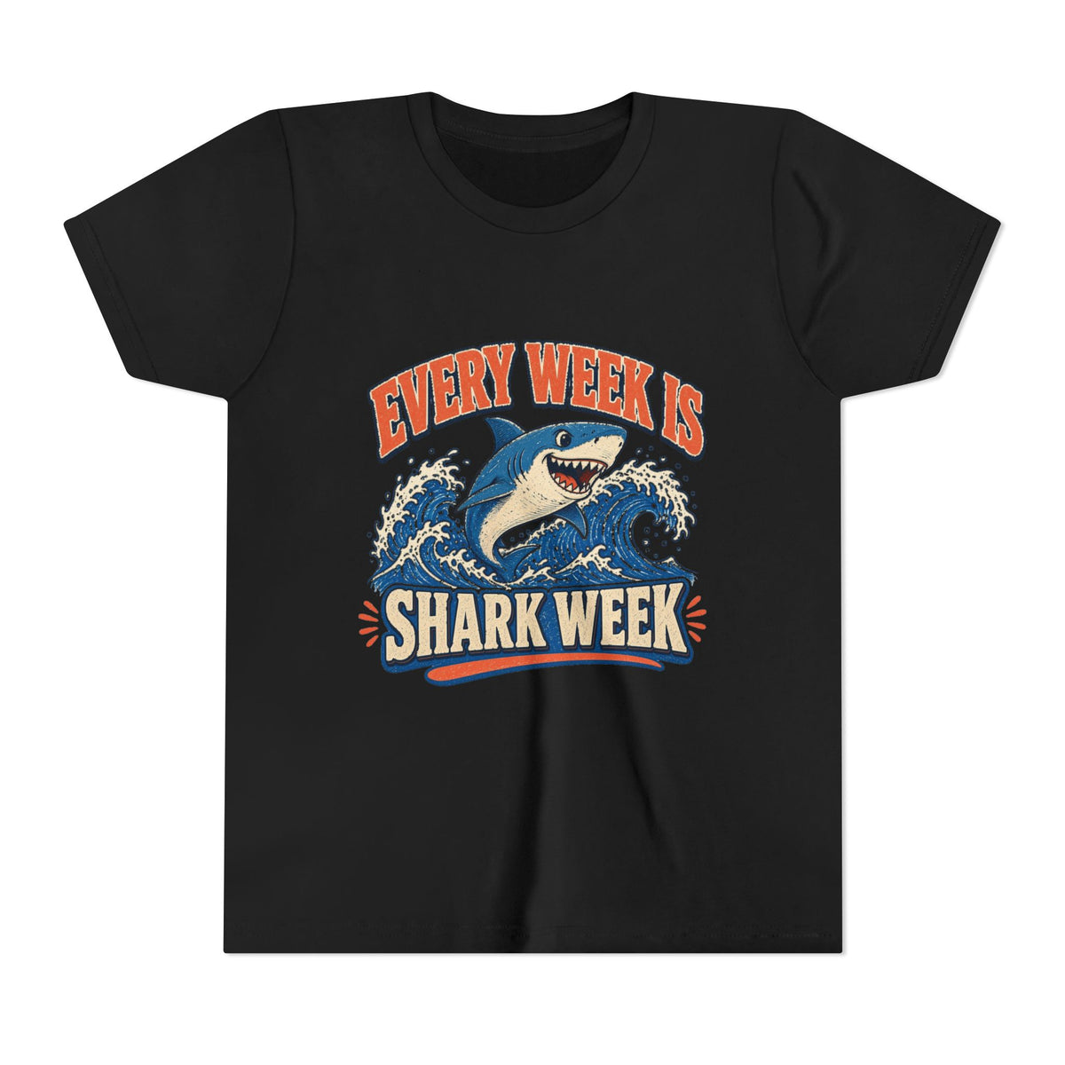 Kids graphic T-shirt, black, front with blue shark and “Shark Week” graphic