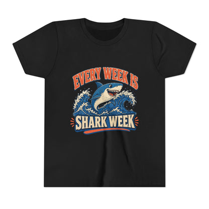 Kids graphic T-shirt, black, front with blue shark and “Shark Week” graphic