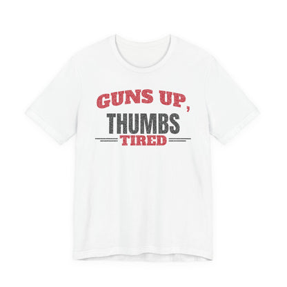 White crewneck T-shirt with red and black Guns Up Thumbs Tired print