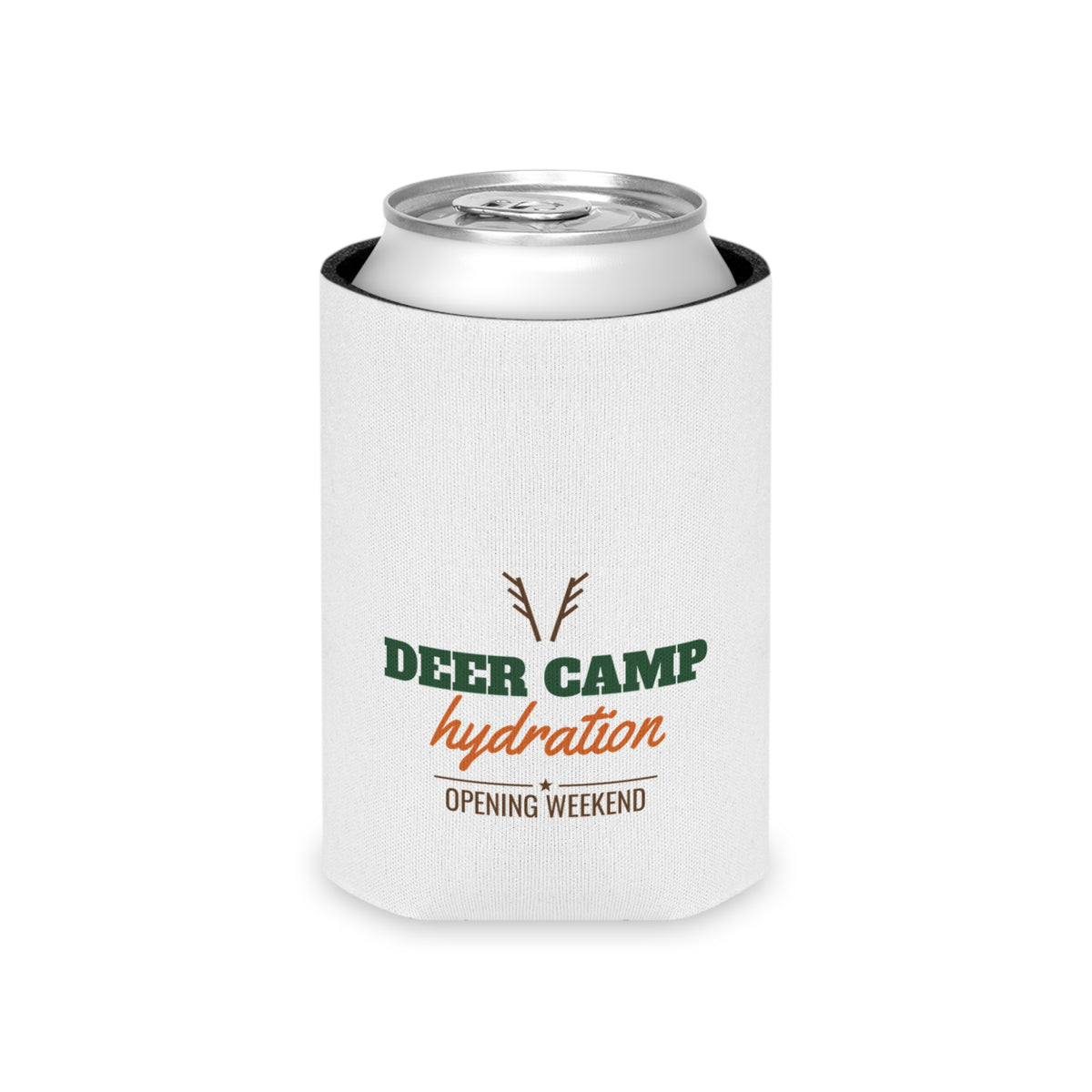 White hydration koozie with deer camp hydration front graphic; holds a standard can