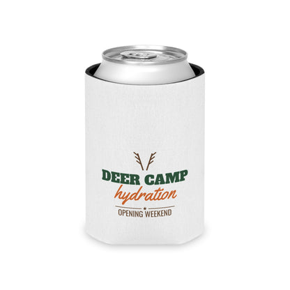White hydration koozie with deer camp hydration front graphic; holds a standard can