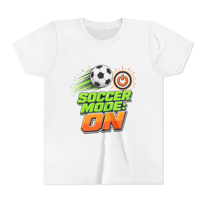 White kids T-shirt with "Soccer Mode: On" soccer graphic on the front