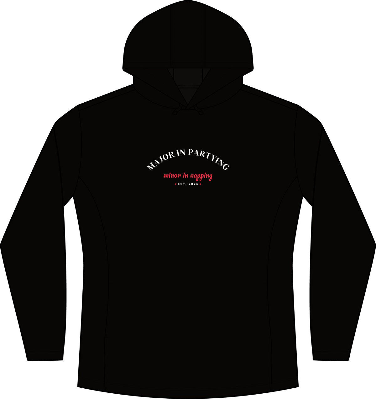 Women's black heather hoodie with front pocket and chest graphic text