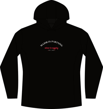 Women's black heather hoodie with front pocket and chest graphic text