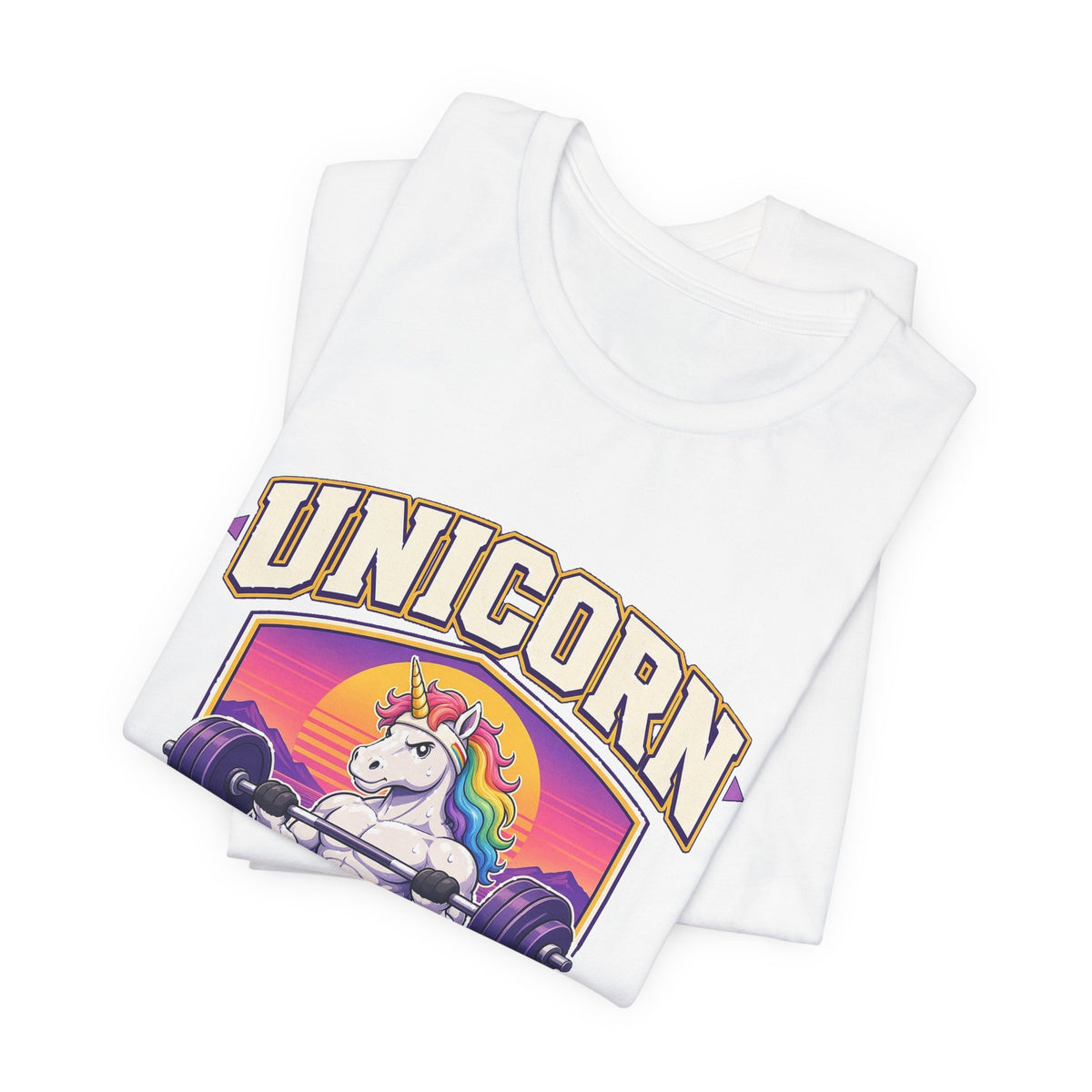 White T-shirt with unicorn-in-training graphic, folded