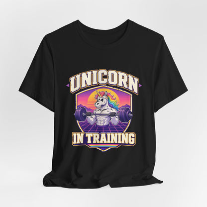 Black T-shirt with front unicorn-in-training graphic