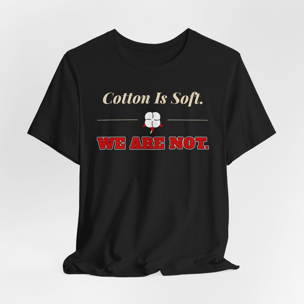 Black cotton T-shirt with centered gold-and-red chest text and fist icon graphic