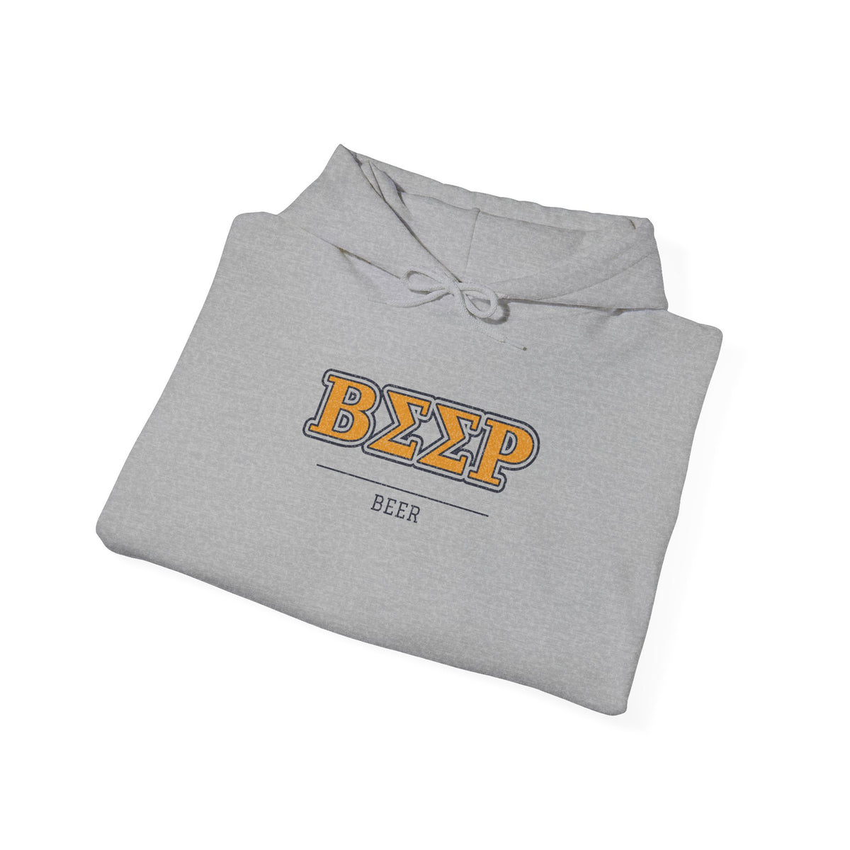 Light gray pullover hoodie with front logo print, drawstring hood, and long sleeves