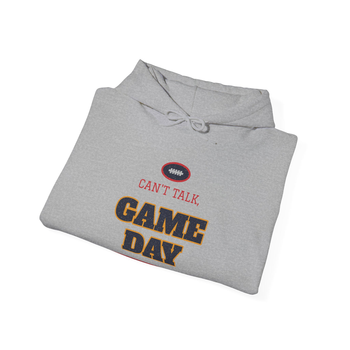 Light gray pullover hoodie with front pouch, drawstring hood, and "CAN'T TALK GAME DAY" graphic