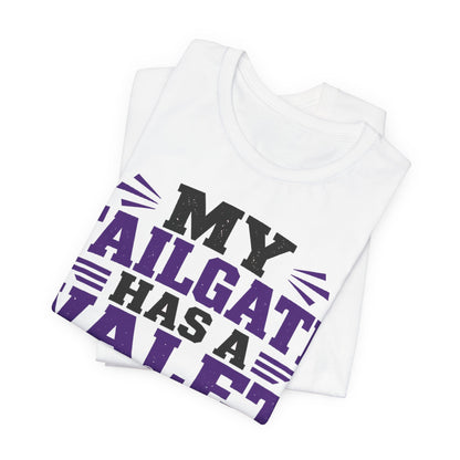 White crew-neck tee, folded, showing 'My Tailgate Has a Valet' purple-and-black logo
