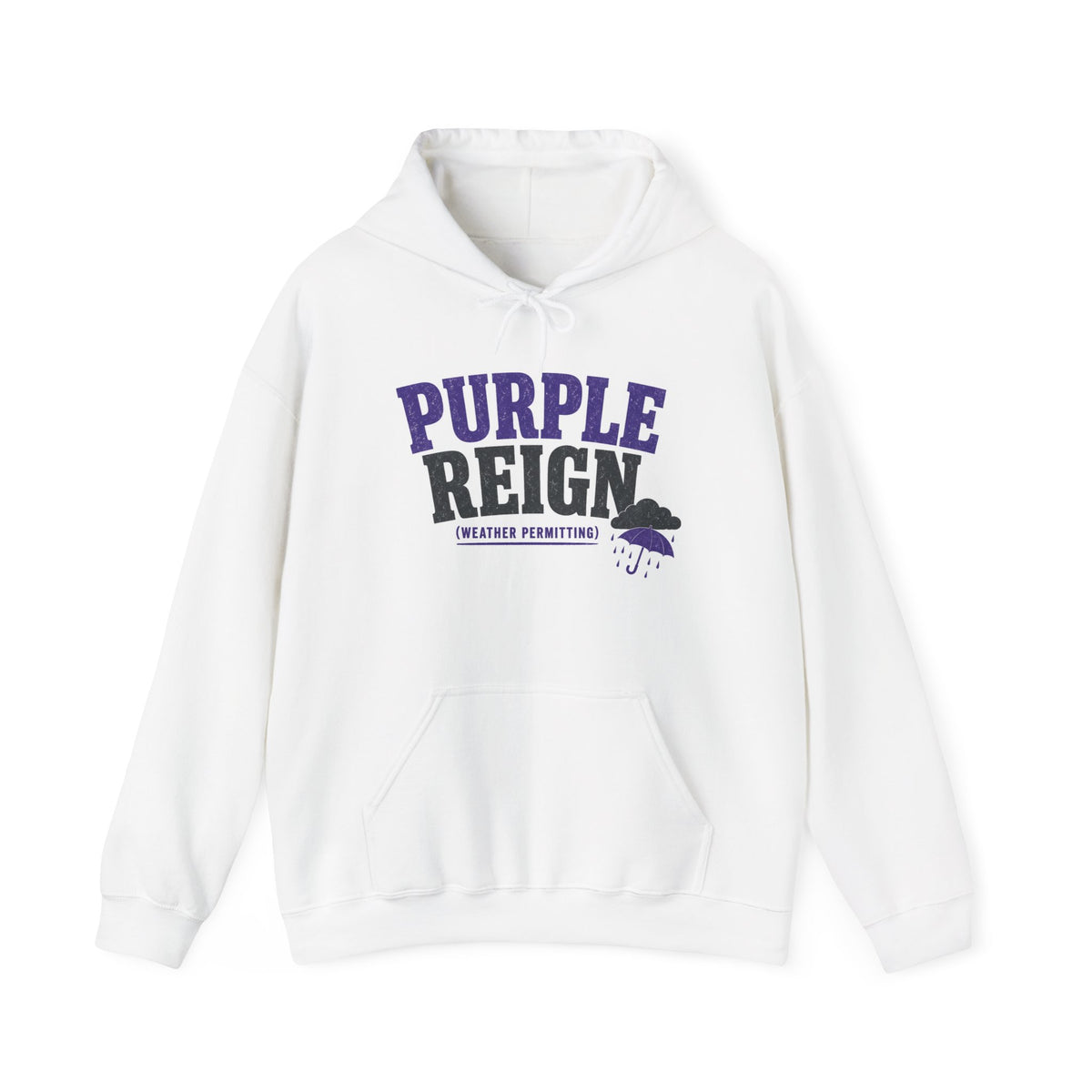 White pullover hoodie with 'PURPLE REIGN' front graphic and 'weather permitting' label
