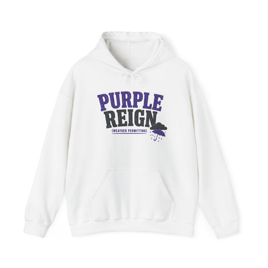 White pullover hoodie with 'PURPLE REIGN' front graphic and 'weather permitting' label