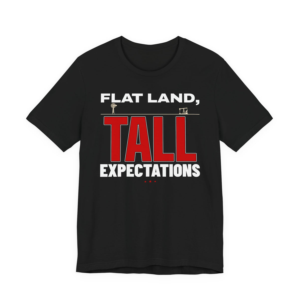 Black graphic T-shirt with 'FLAT LAND, TALL EXPECTATIONS' front print