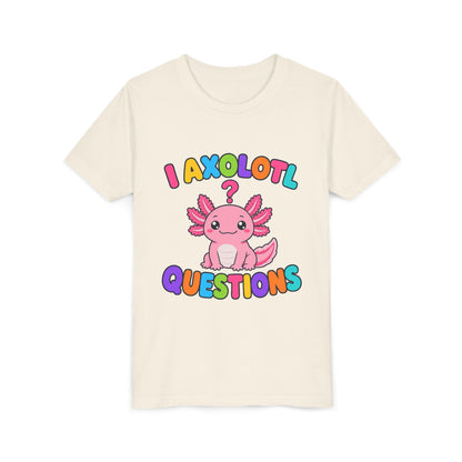 Kids natural T-shirt with pink axolotl graphic and 'Axolotl Questions' text