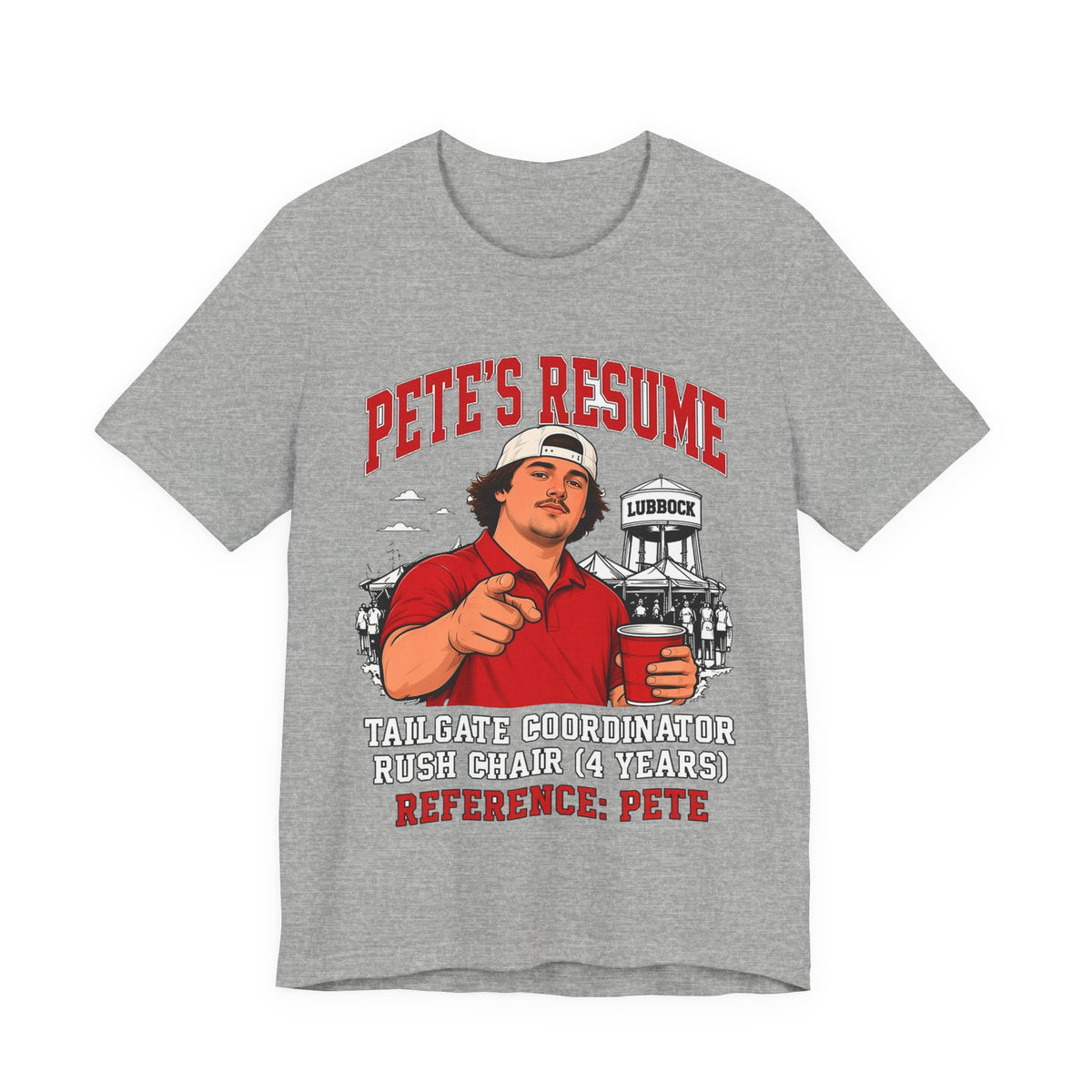 Heather gray crew neck graphic T-shirt with red illustrated slogan and town sign print