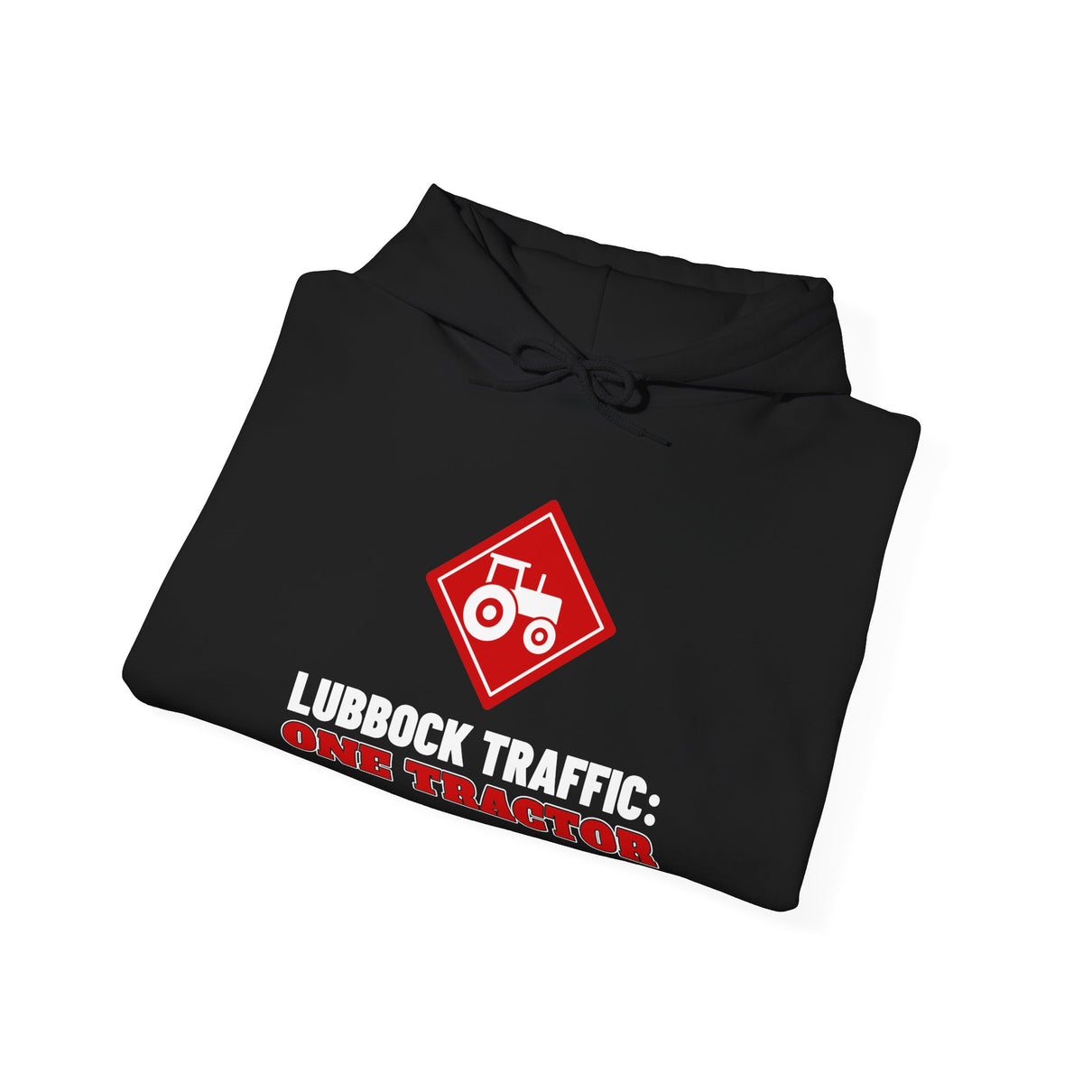 Black hoodie folded stack with front pocket and red “ONE TRACTOR” chest graphic